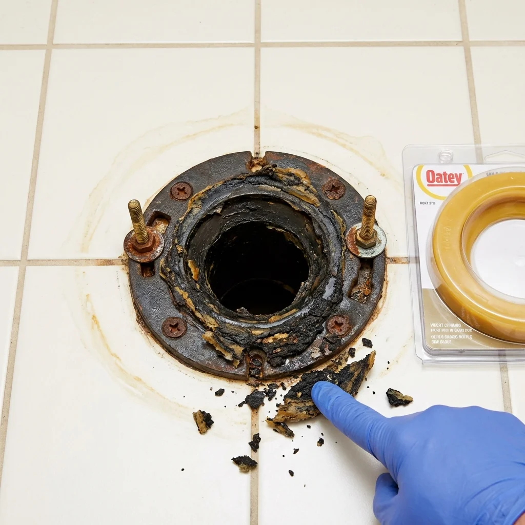 Failed wax ring showing water seepage at the base of a toilet in a Milton, DE home